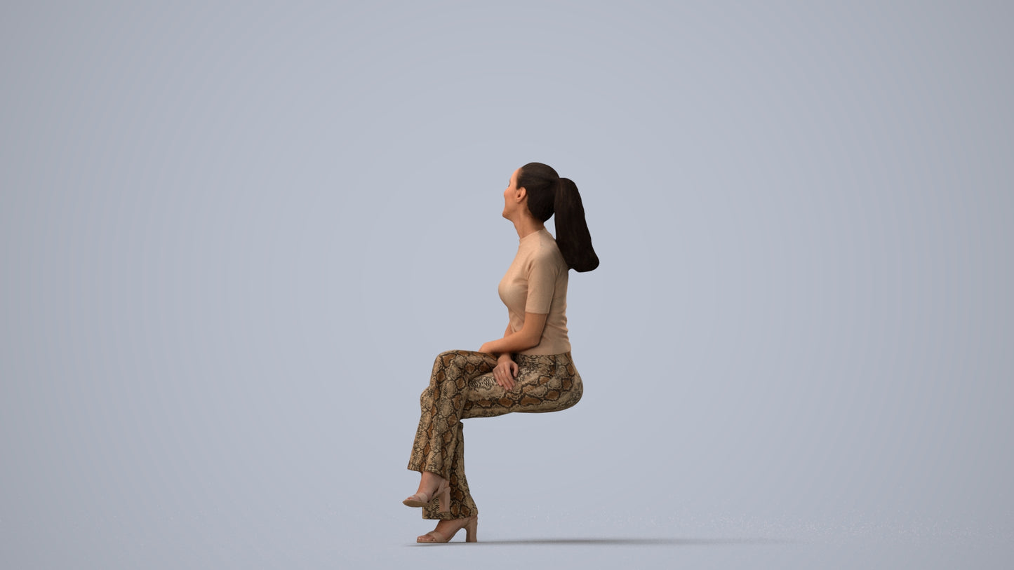 photogrammetry 3D woman casual sitting, realistic human model archviz FBX, three-quarter view render