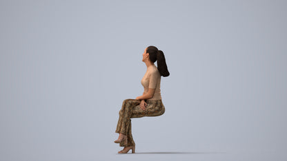 photogrammetry 3D woman casual sitting, realistic human model archviz FBX, three-quarter view render