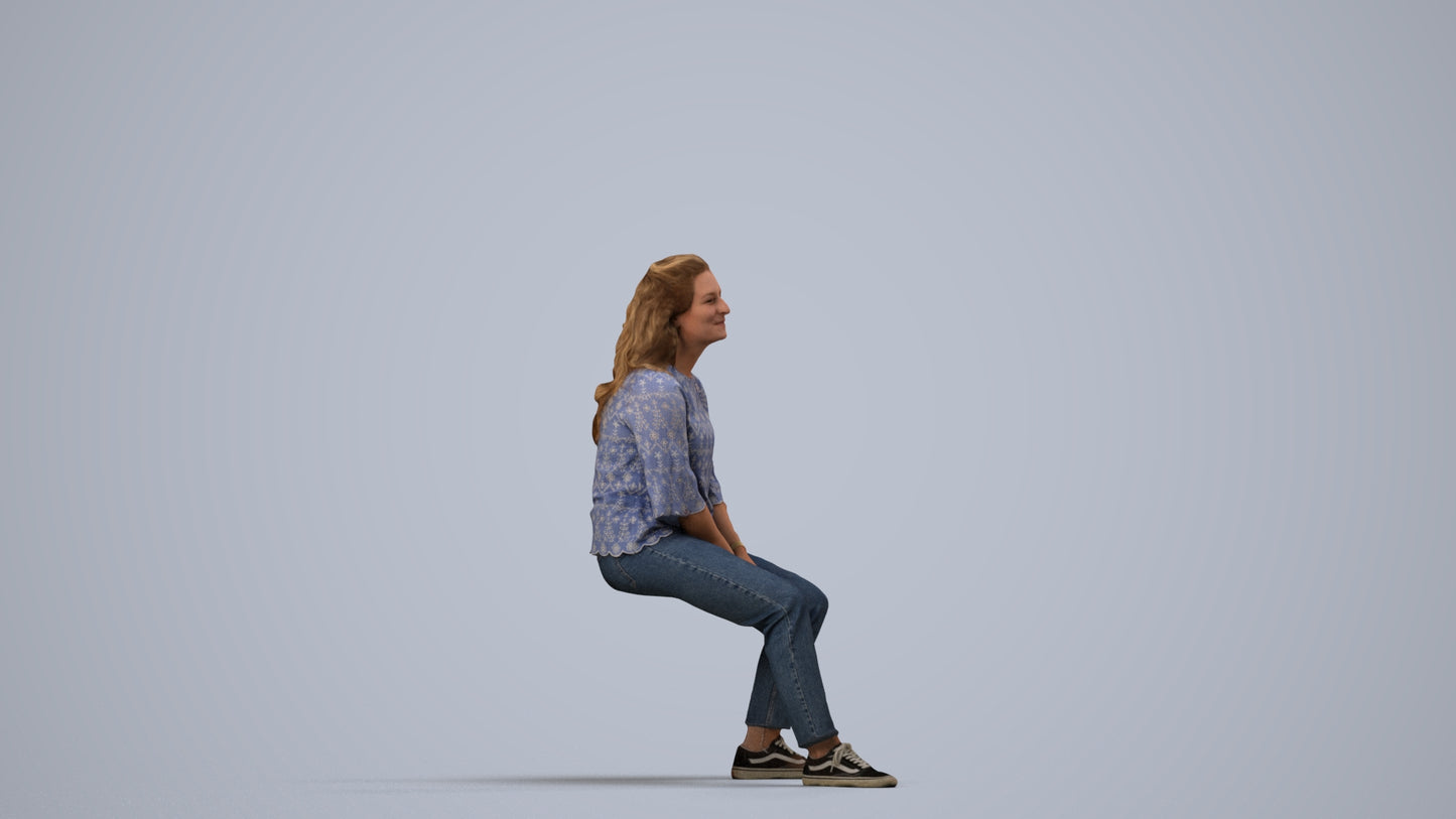 realistic 3D woman casual sitting, scanned archviz people for Blender and 3ds Max, side view render