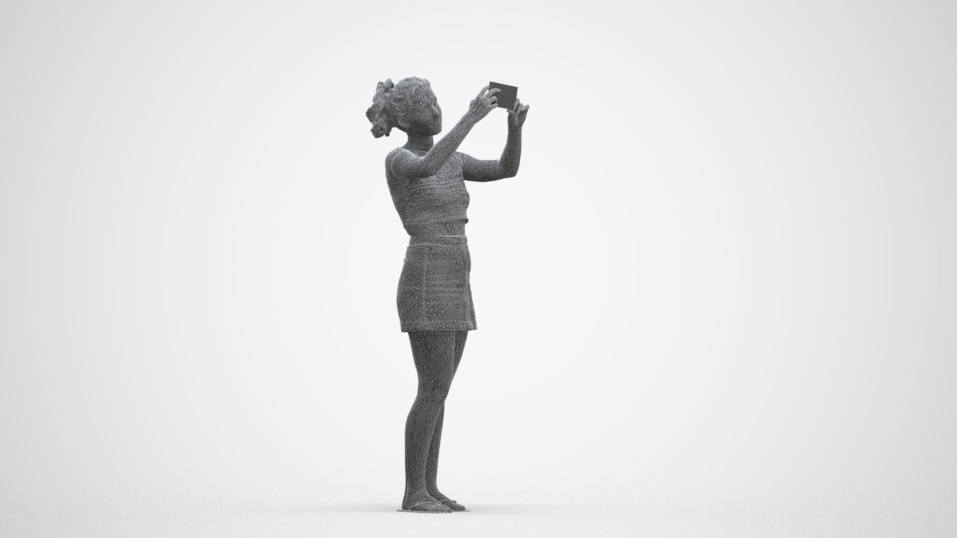 3D human model woman casual standing, photogrammetry scanned person for archviz, three-quarter front view render