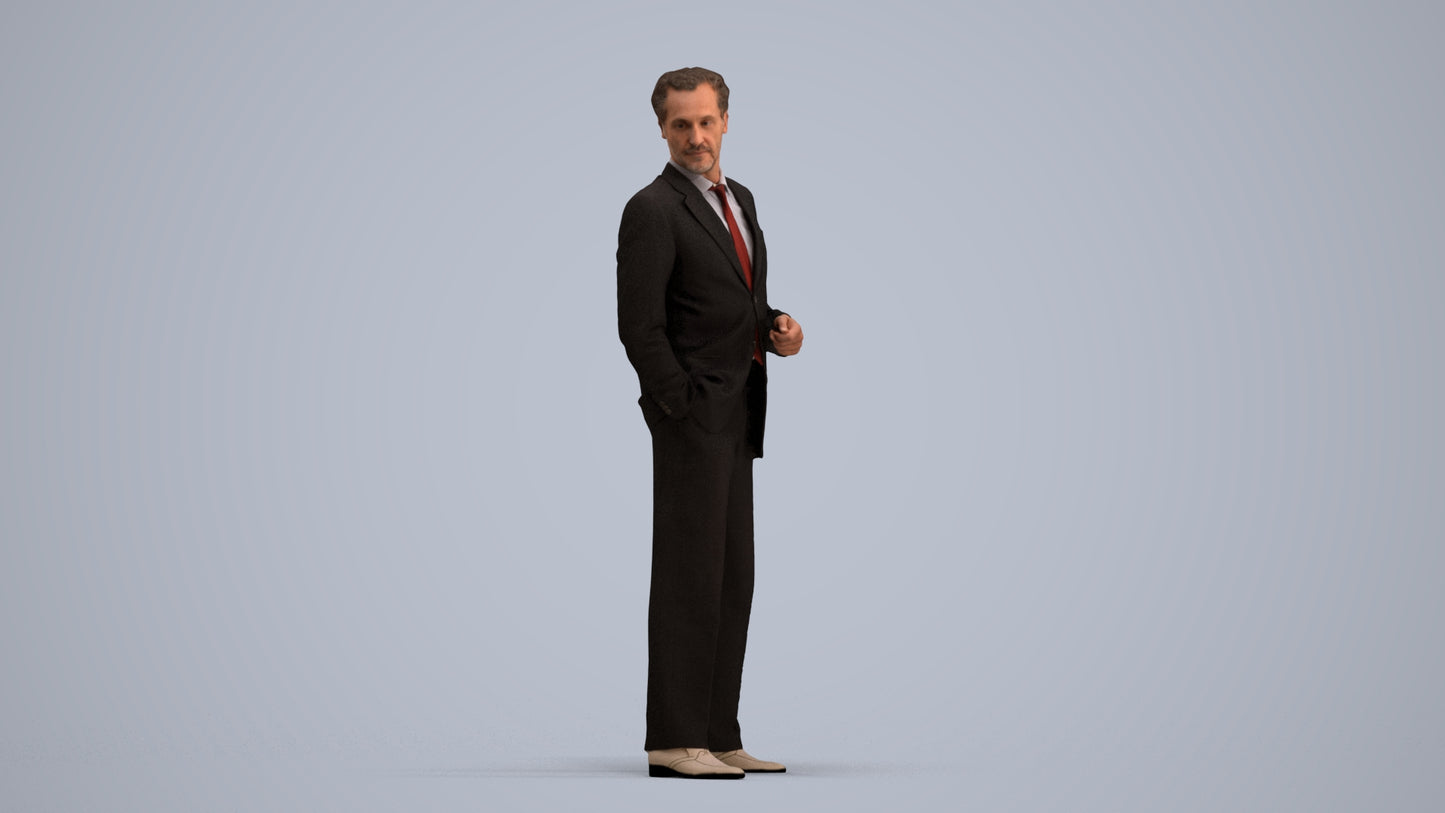 3D human model man business, photogrammetry scanned person for archviz, standing pose render