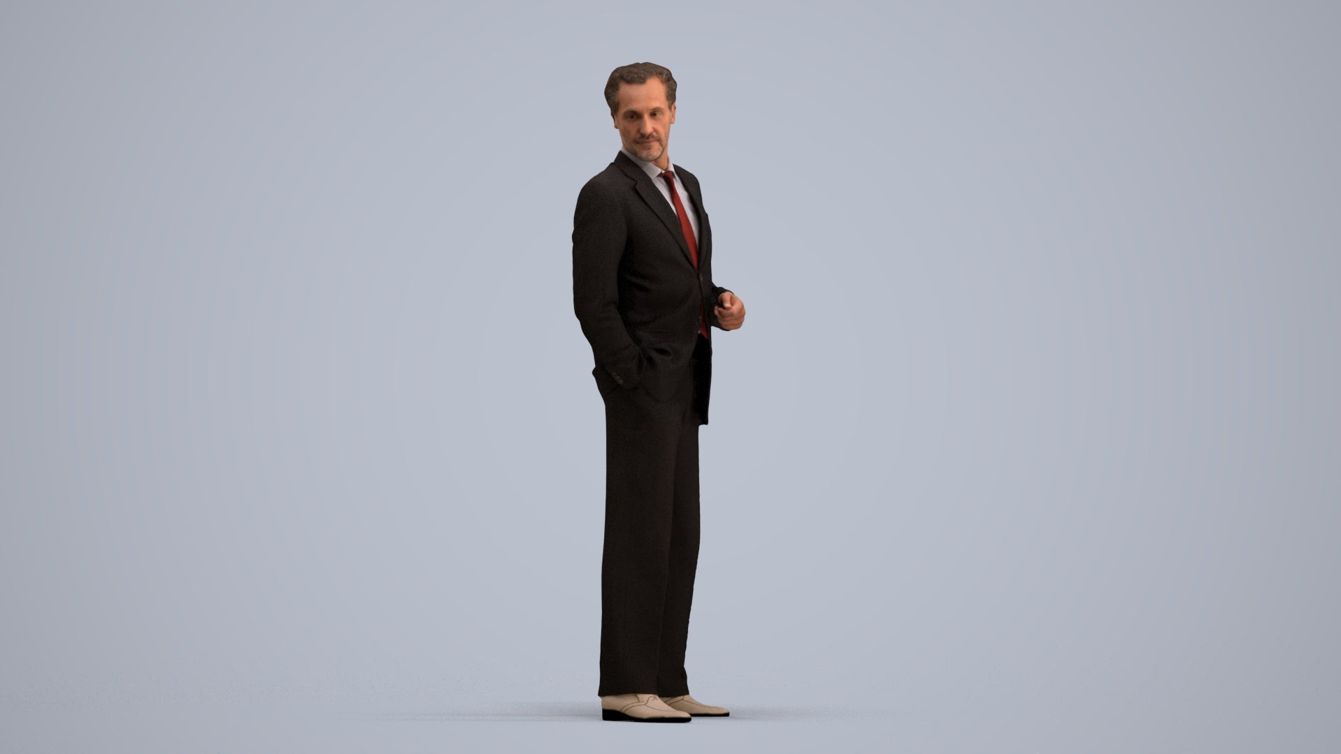 3D human model man business, photogrammetry scanned person for archviz, standing pose render