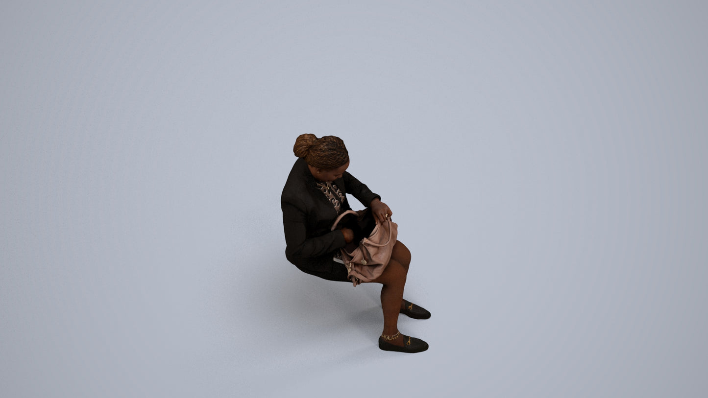 3D human model woman business sitting, photogrammetry scanned person for archviz, back view render