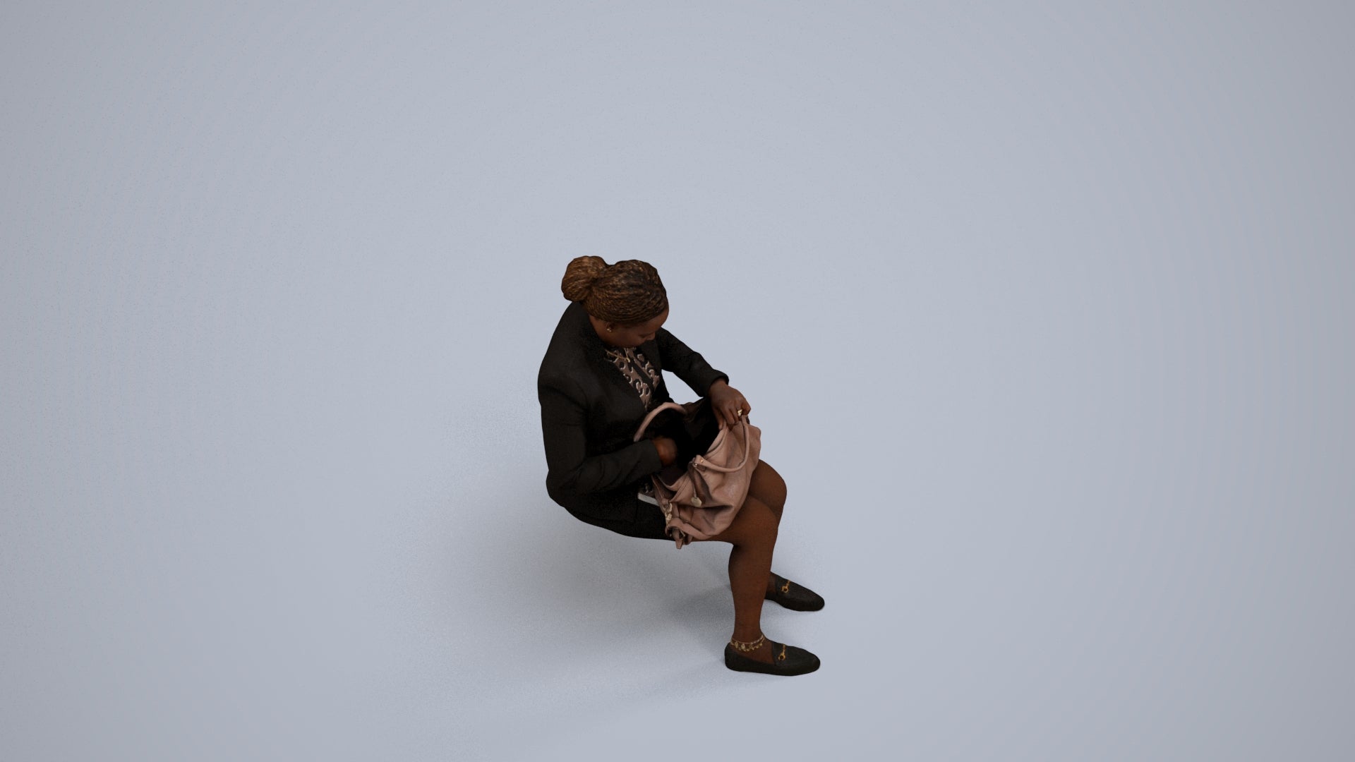 3D human model woman business sitting, photogrammetry scanned person for archviz, back view render