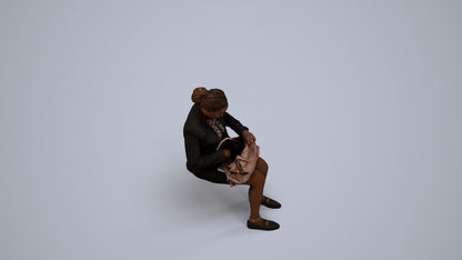 3D human model woman business sitting, photogrammetry scanned person for archviz, back view render