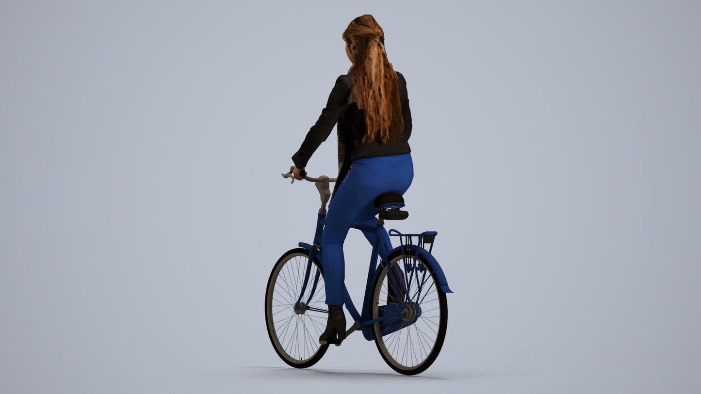 realistic 3D woman casual cycling, scanned archviz people for Blender and 3ds Max, front view render