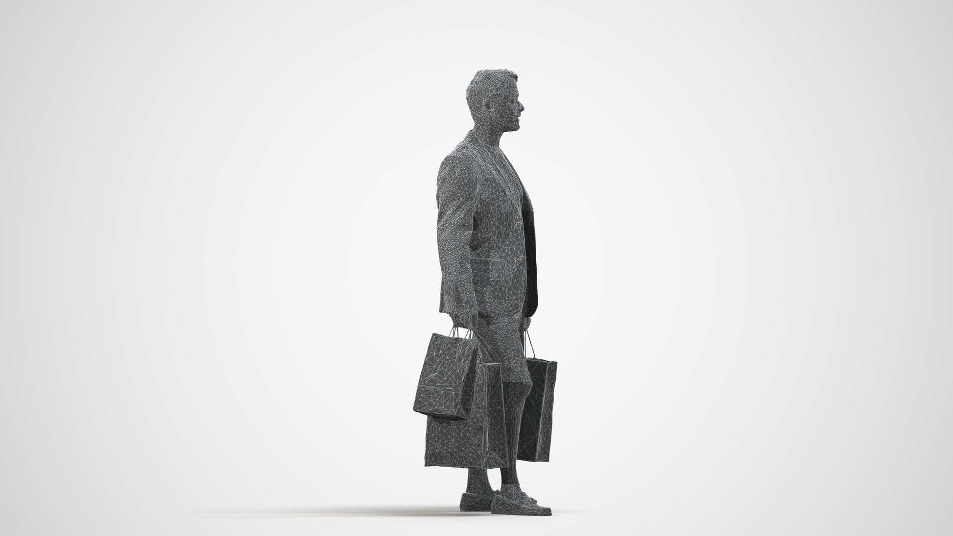 photogrammetry 3D man business shopping, realistic human model archviz FBX, wireframe side view