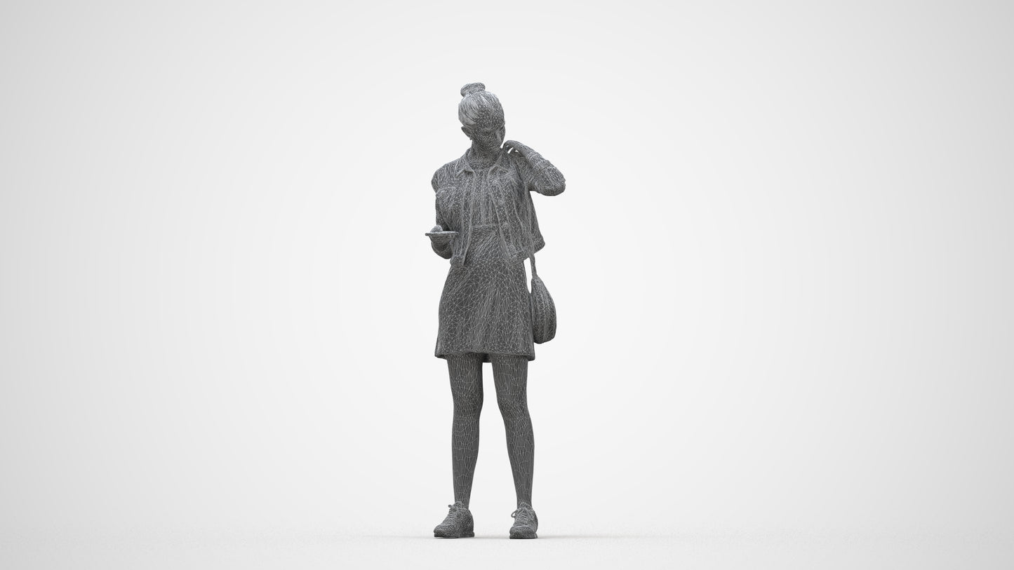 realistic 3D woman casual standing, scanned archviz people for Blender and 3ds Max, wireframe back view