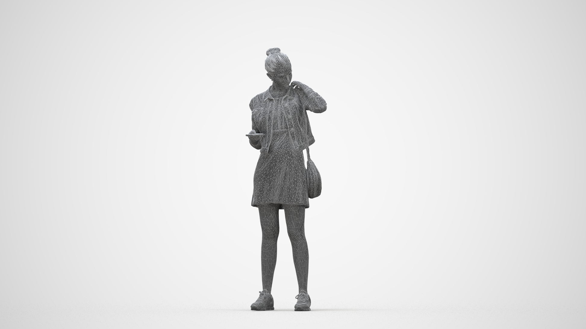 realistic 3D woman casual standing, scanned archviz people for Blender and 3ds Max, wireframe back view