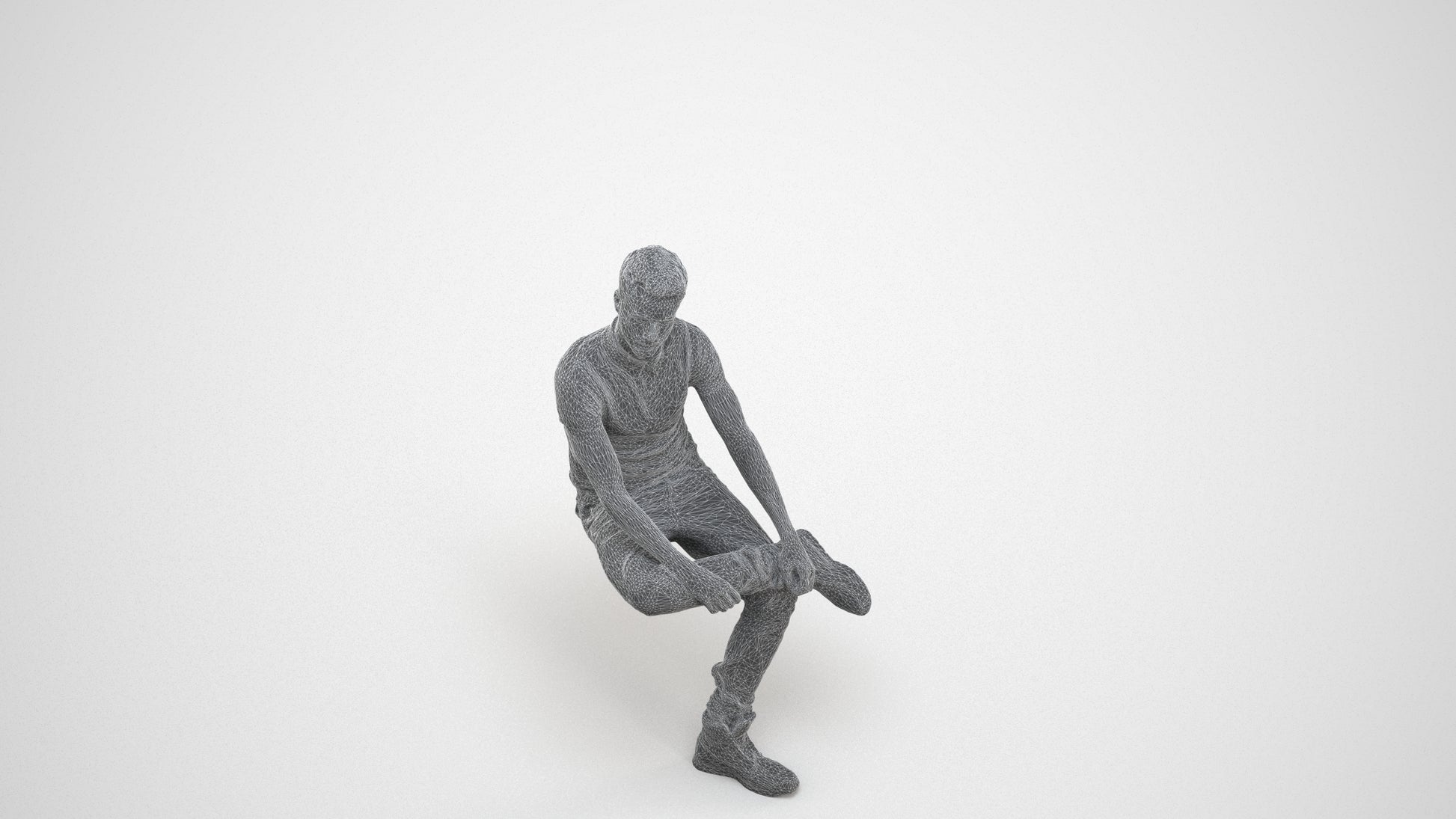 realistic 3D man casual sitting, scanned archviz people for Blender and 3ds Max, wireframe three-quarter view