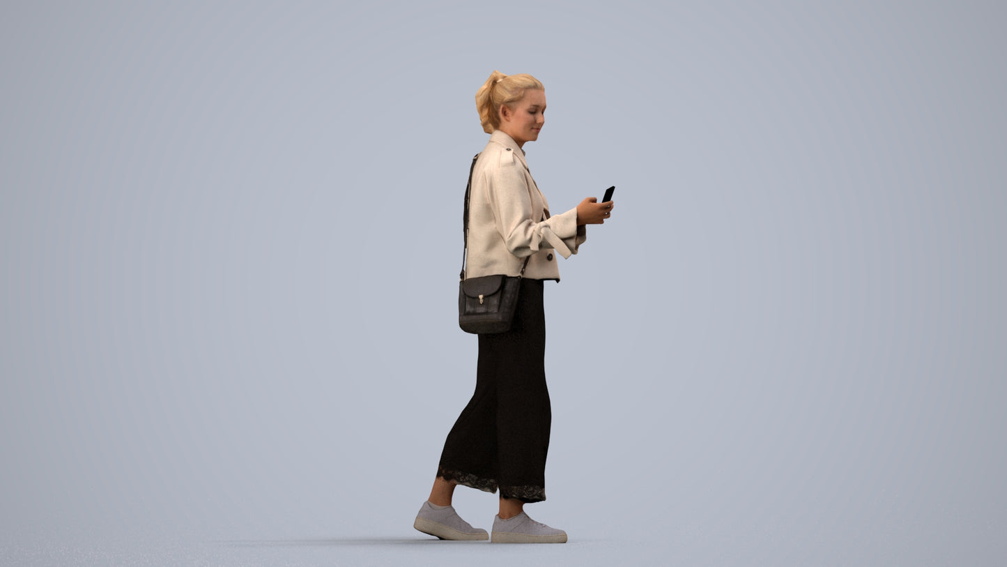3D people model woman casual walking, scanned human for 3ds Max rendering, side view render