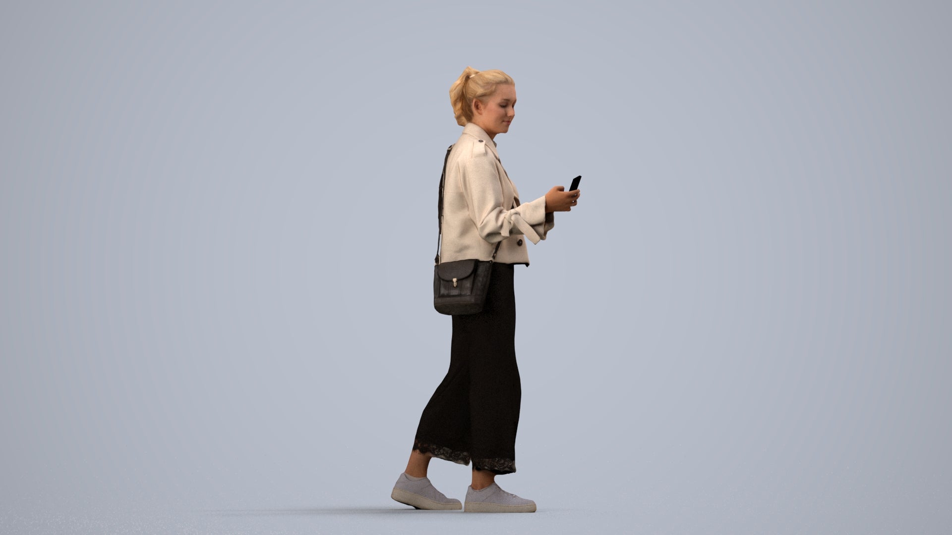 3D people model woman casual walking, scanned human for 3ds Max rendering, side view render