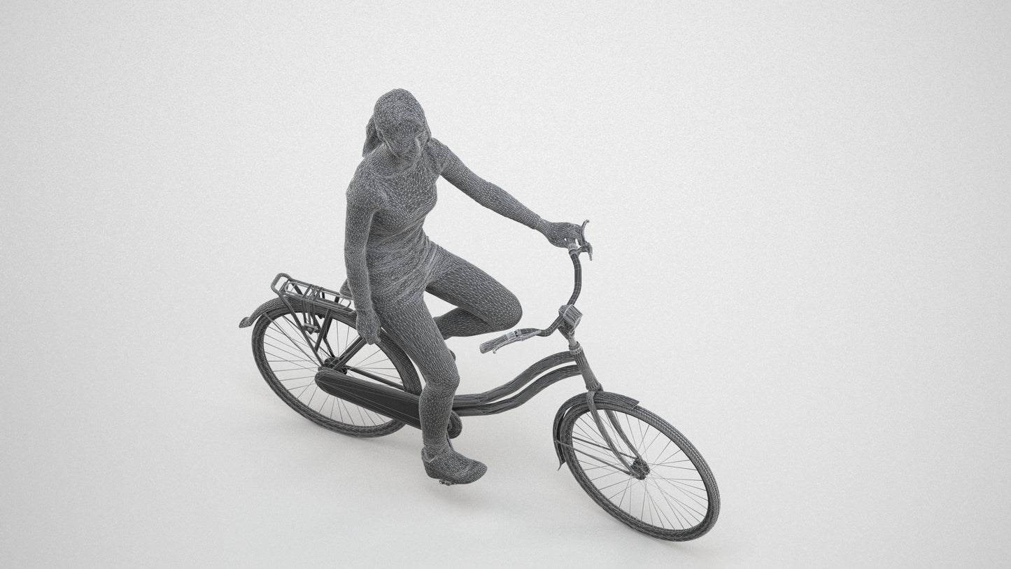 realistic 3D human woman casual cycling, archviz people FBX OBJ for Blender, wireframe three-quarter view