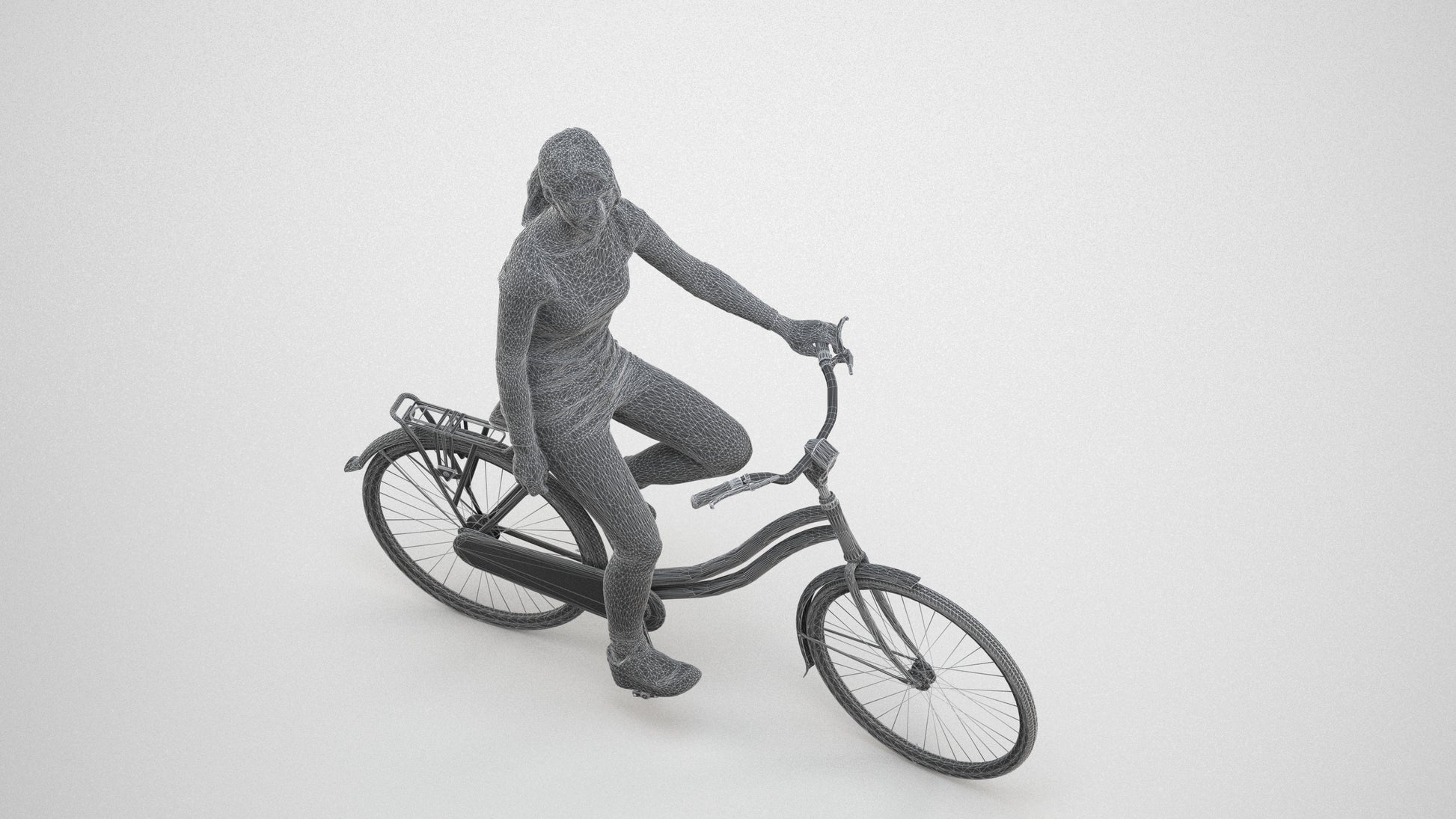 realistic 3D human woman casual cycling, archviz people FBX OBJ for Blender, wireframe three-quarter view
