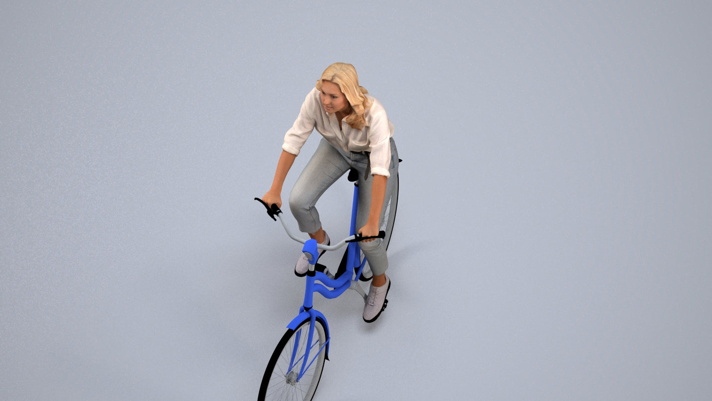 realistic 3D people woman casual cycling, render-ready for V-Ray and Corona, FBX OBJ, back view render