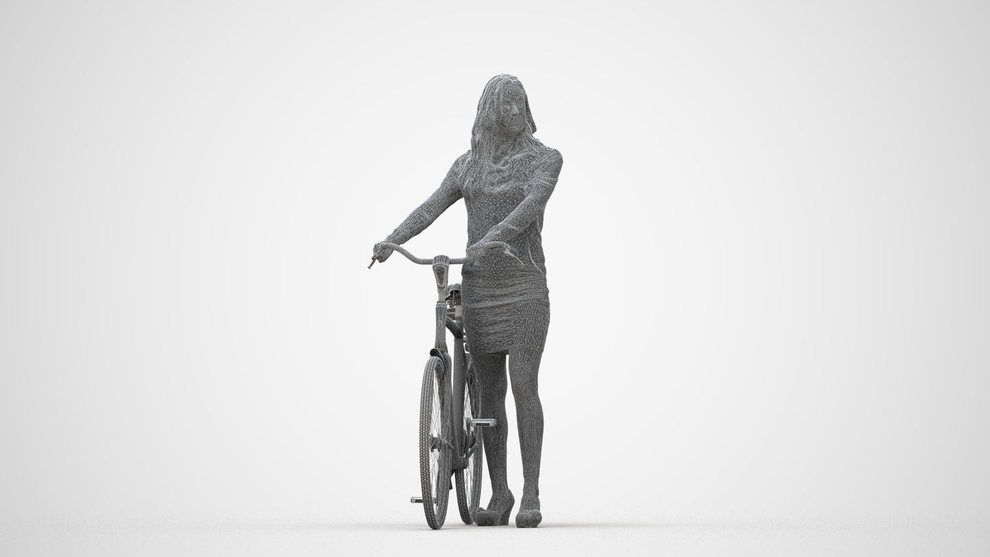 3D people model woman business cycling, scanned human for 3ds Max rendering, wireframe back view