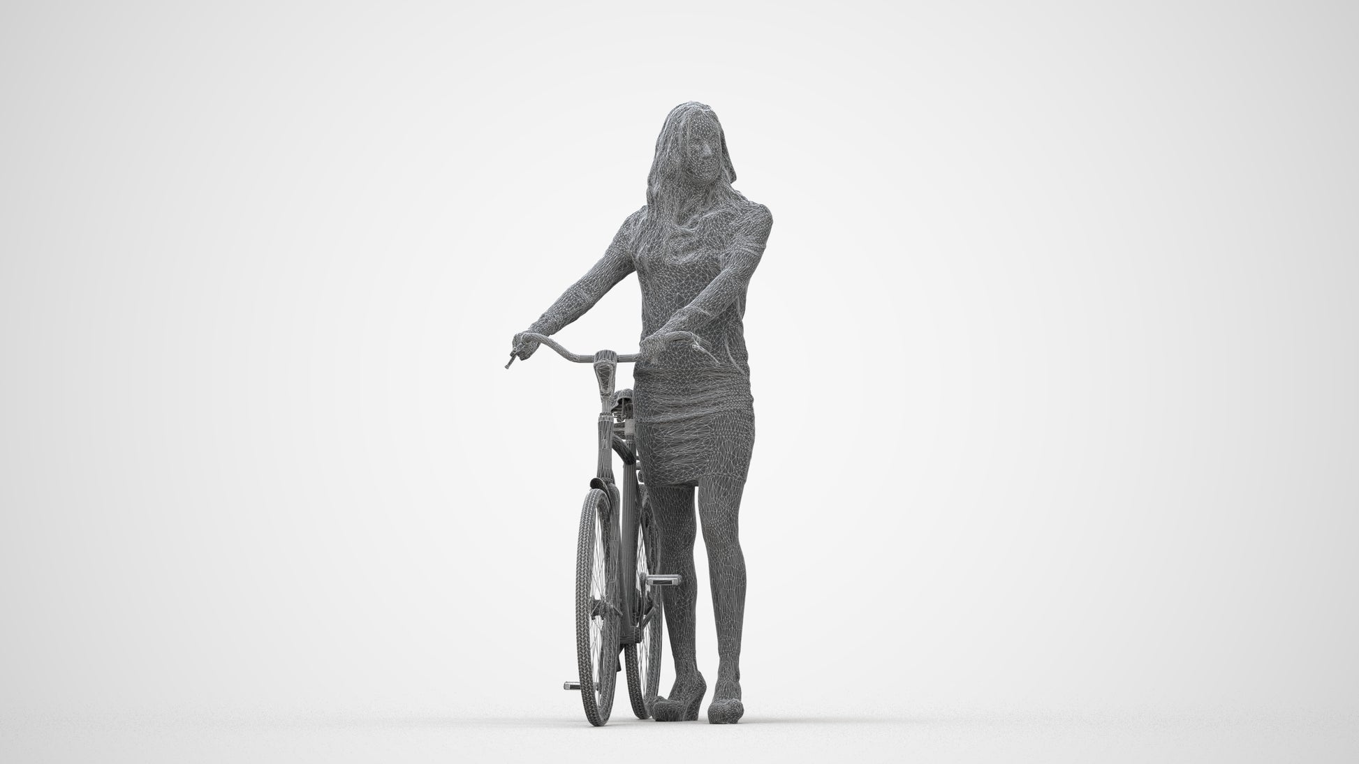 3D people model woman business cycling, scanned human for 3ds Max rendering, wireframe back view