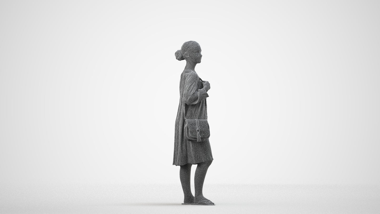 3D human model girl casual kids, photogrammetry scanned person for archviz, wireframe side view