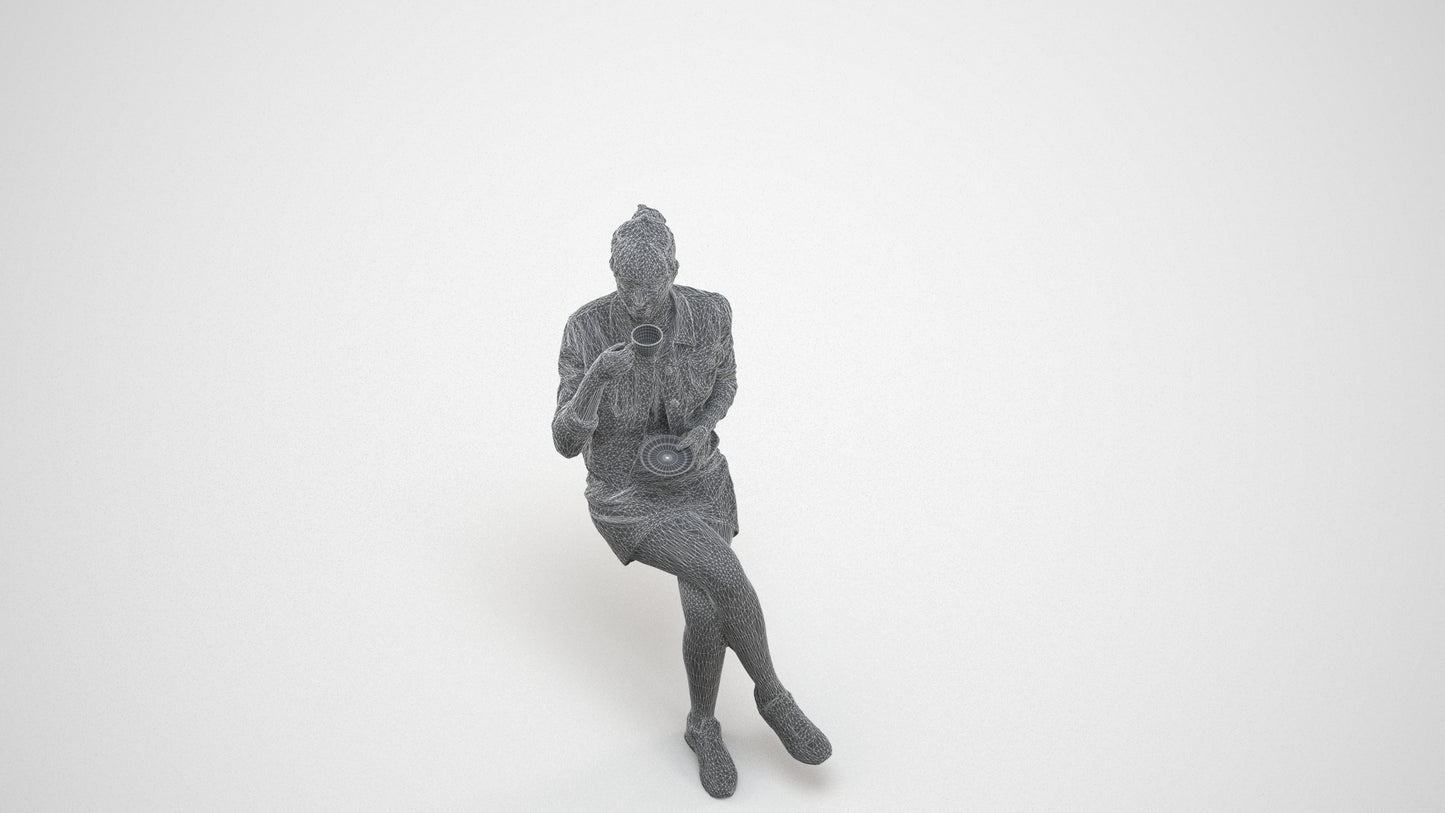 3D people model woman casual sitting, scanned human for 3ds Max rendering, wireframe three-quarter view
