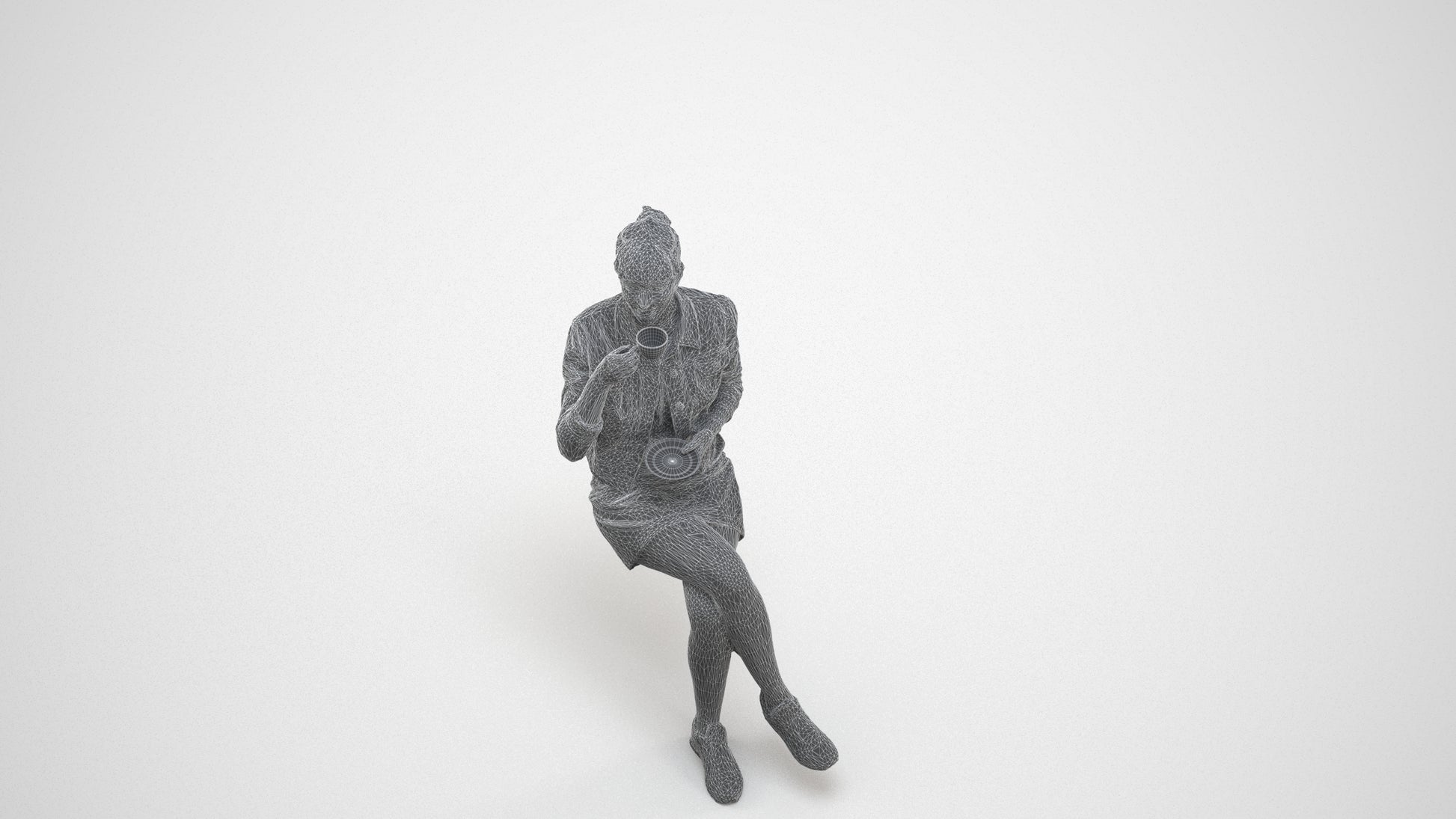 3D people model woman casual sitting, scanned human for 3ds Max rendering, wireframe three-quarter view