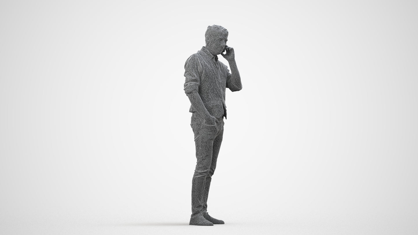 3D human model man casual standing, photogrammetry scanned person for archviz, wireframe side view