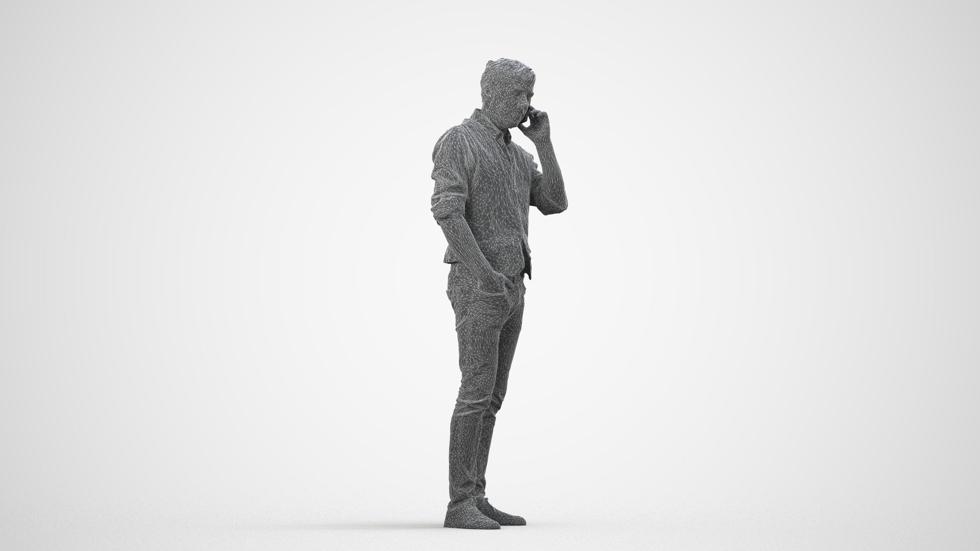 3D human model man casual standing, photogrammetry scanned person for archviz, wireframe side view