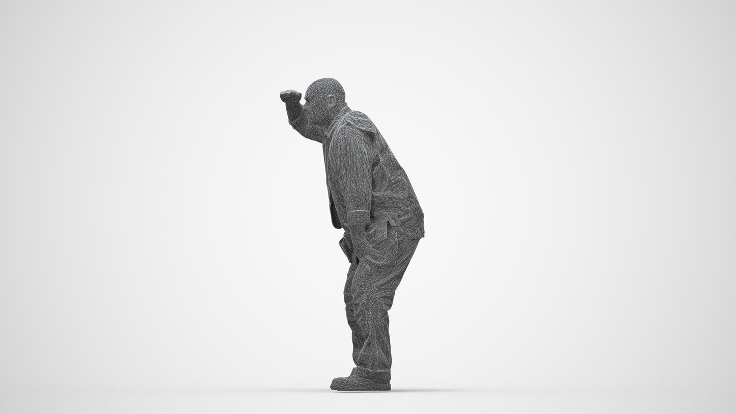 realistic 3D senior man standing, scanned archviz people for Blender and 3ds Max, wireframe back view