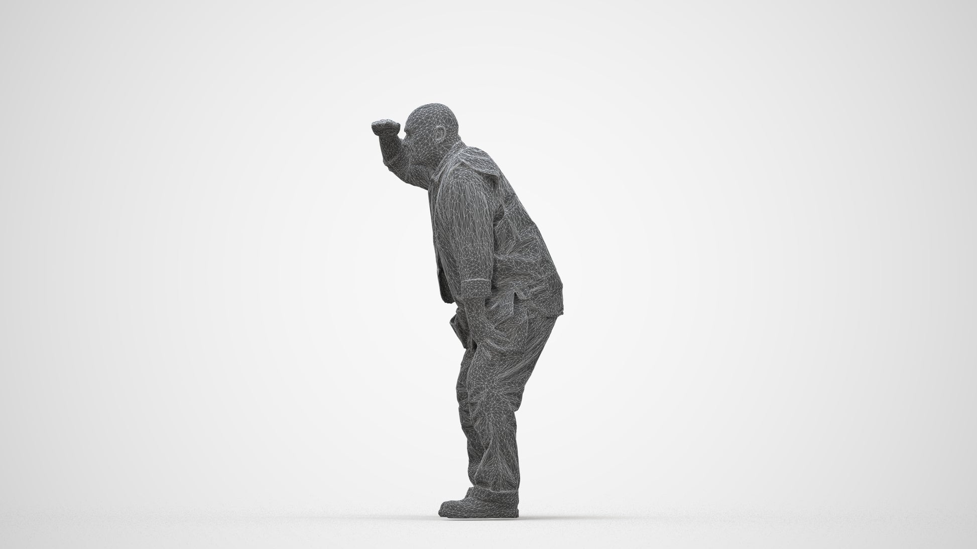 realistic 3D senior man standing, scanned archviz people for Blender and 3ds Max, wireframe back view
