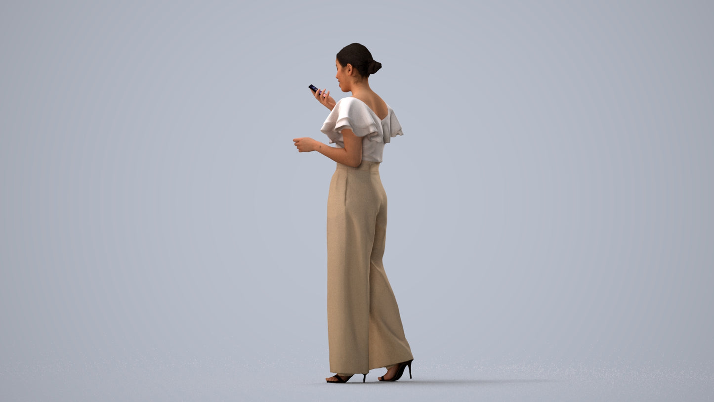 photogrammetry 3D woman business walking, realistic human model archviz FBX, three-quarter view render