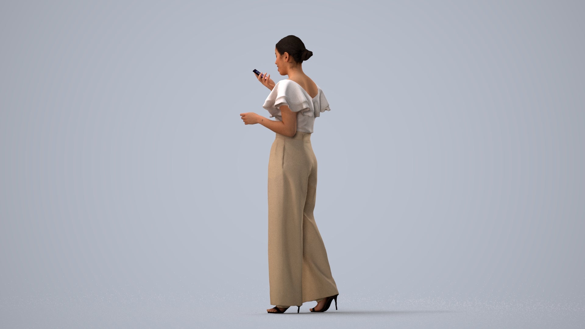 photogrammetry 3D woman business walking, realistic human model archviz FBX, three-quarter view render