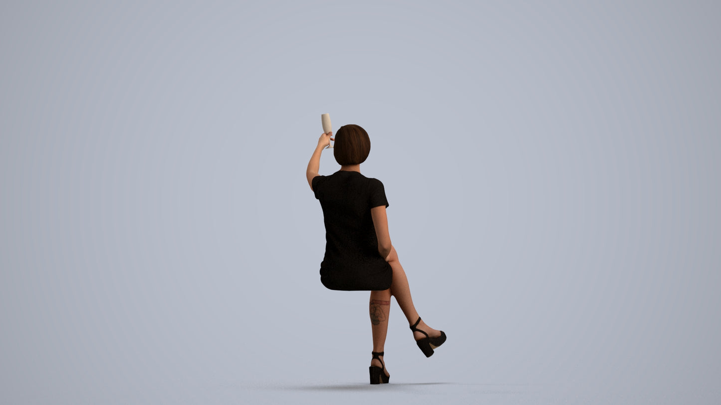 realistic 3D woman sitting, scanned archviz people for Blender and 3ds Max, front view render