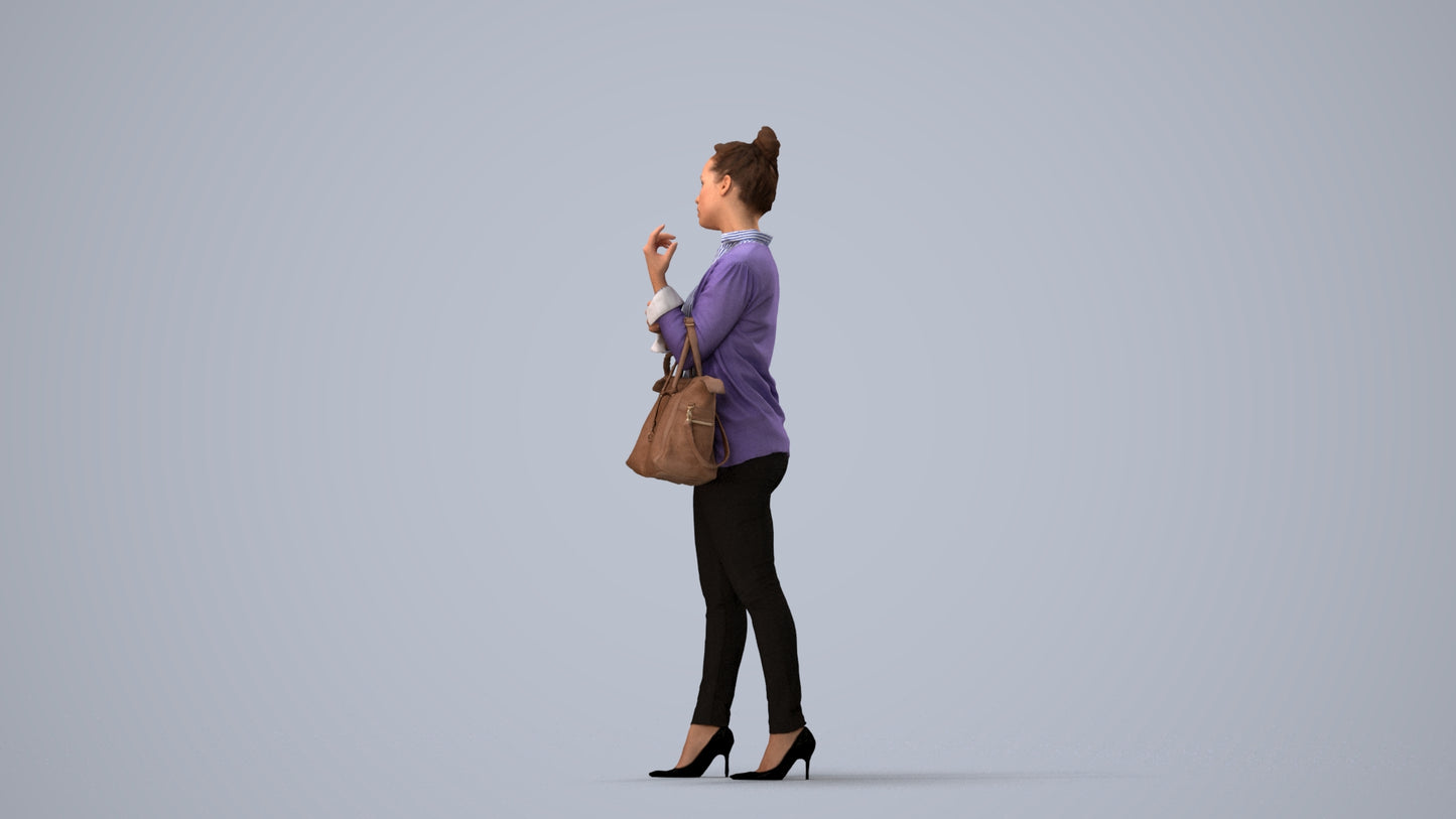 realistic 3D woman business standing, scanned archviz people for Blender and 3ds Max, three-quarter view render