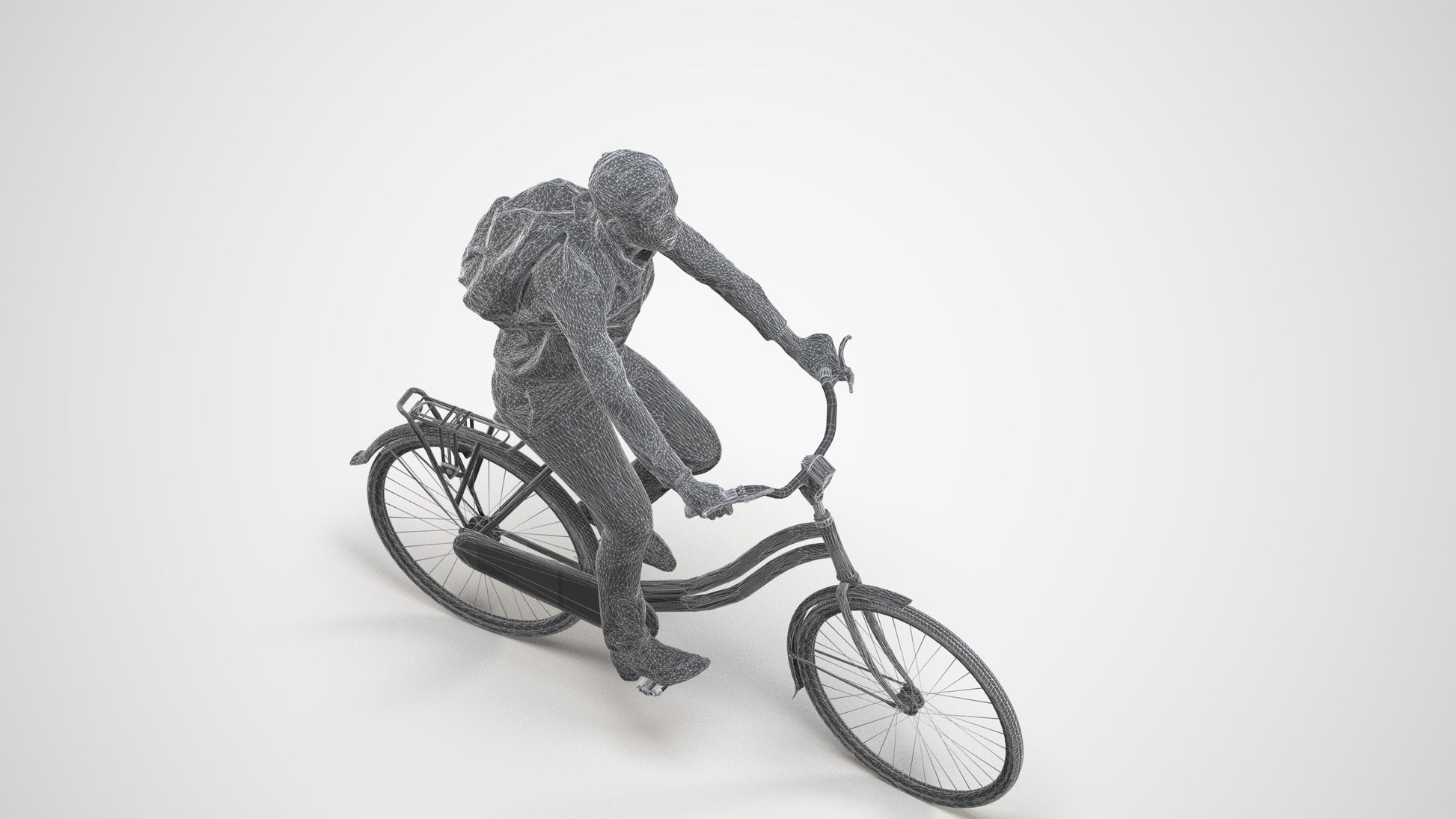 realistic 3D human boy business cycling, archviz people FBX OBJ for Blender, wireframe three-quarter view
