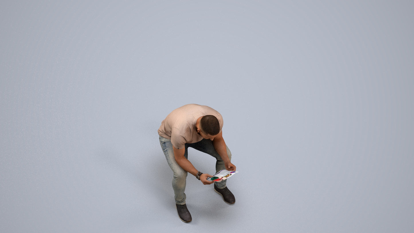 realistic 3D human man casual sitting, archviz people FBX OBJ for Blender, back view render