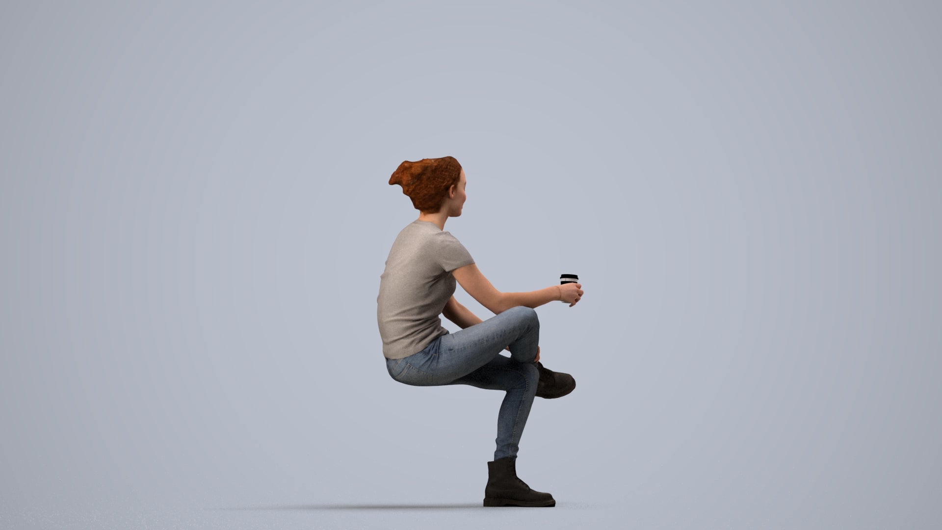realistic 3D human woman casual sitting, archviz people FBX OBJ for Blender, side view render