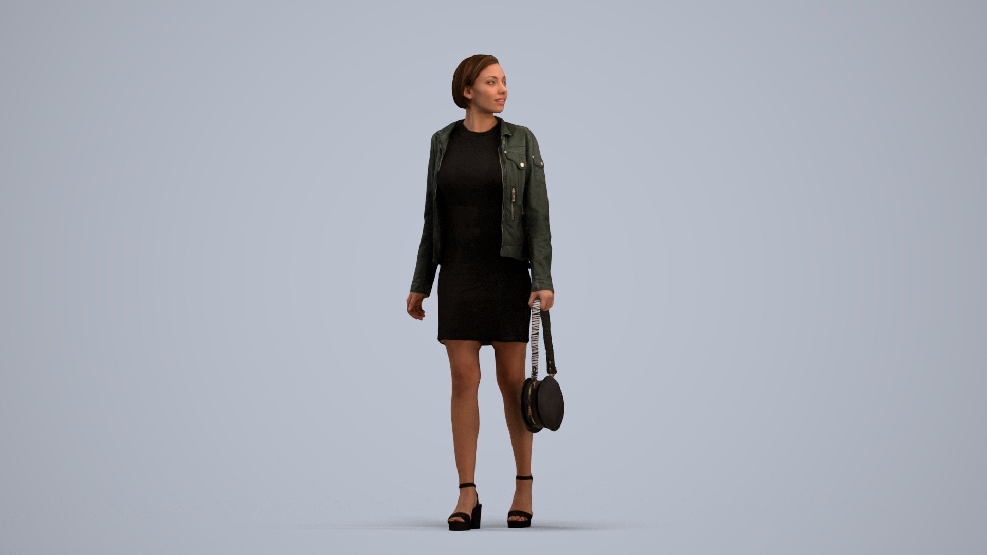 3D scanned woman walking casual, photorealistic archviz people for Enscape and SketchUp, standing pose render
