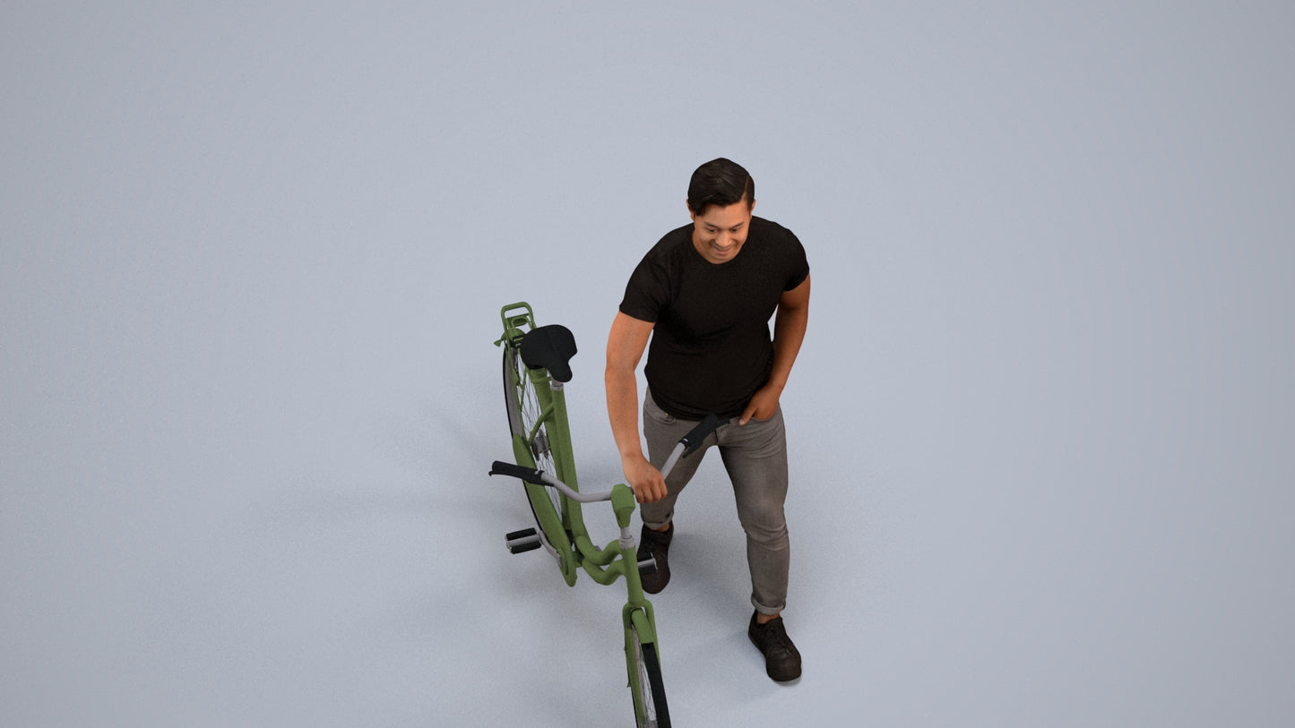 realistic 3D man casual cycling, scanned archviz people for Blender and 3ds Max, back view render