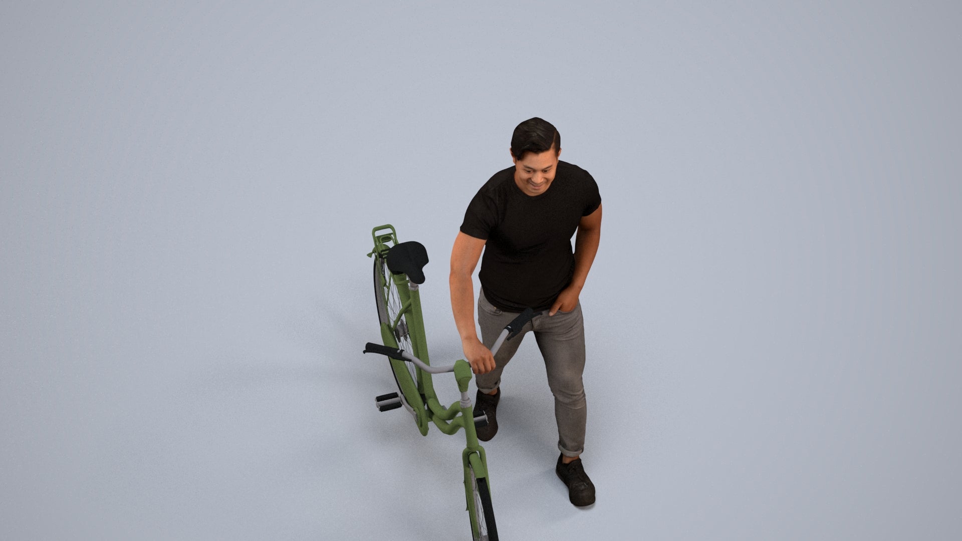 realistic 3D man casual cycling, scanned archviz people for Blender and 3ds Max, back view render