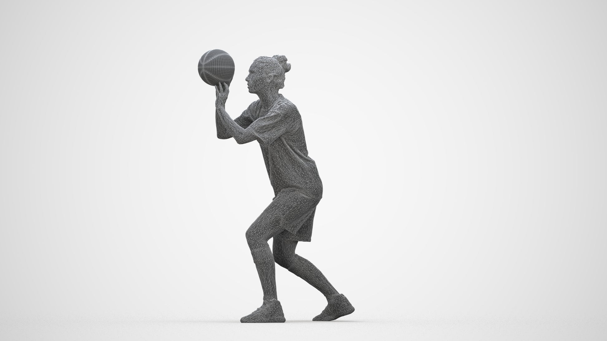 3D human model woman sport, photogrammetry scanned person for archviz, wireframe back view