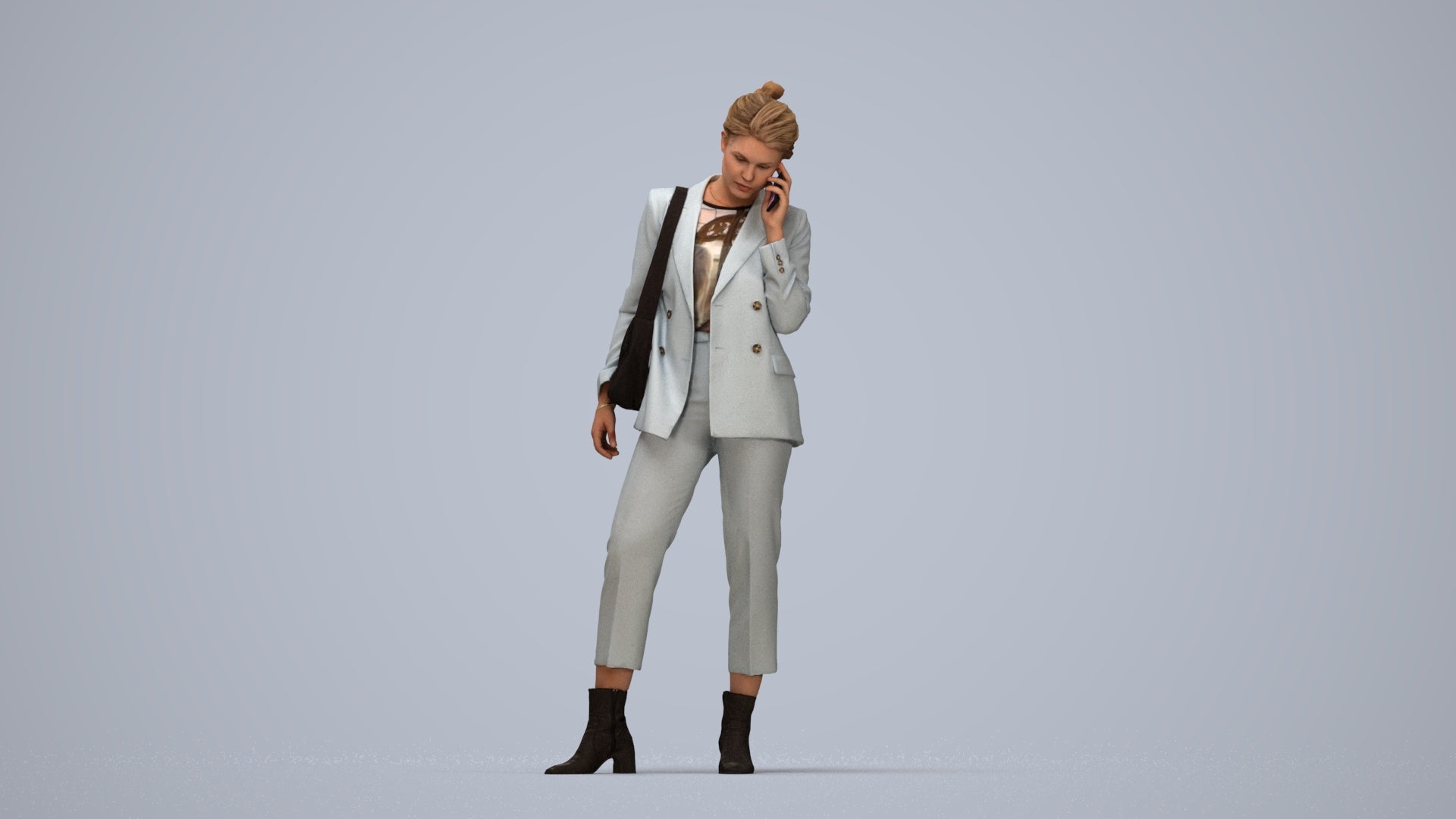 3D human model woman business standing, photogrammetry scanned person for archviz, top-down view render