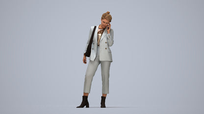 3D human model woman business standing, photogrammetry scanned person for archviz, top-down view render