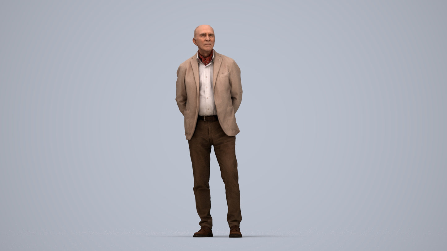 realistic 3D human senior man business standing, archviz people FBX OBJ for Blender, top-down view render