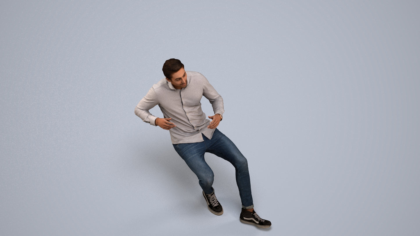 realistic 3D human man casual sitting, archviz people FBX OBJ for Blender, back view render