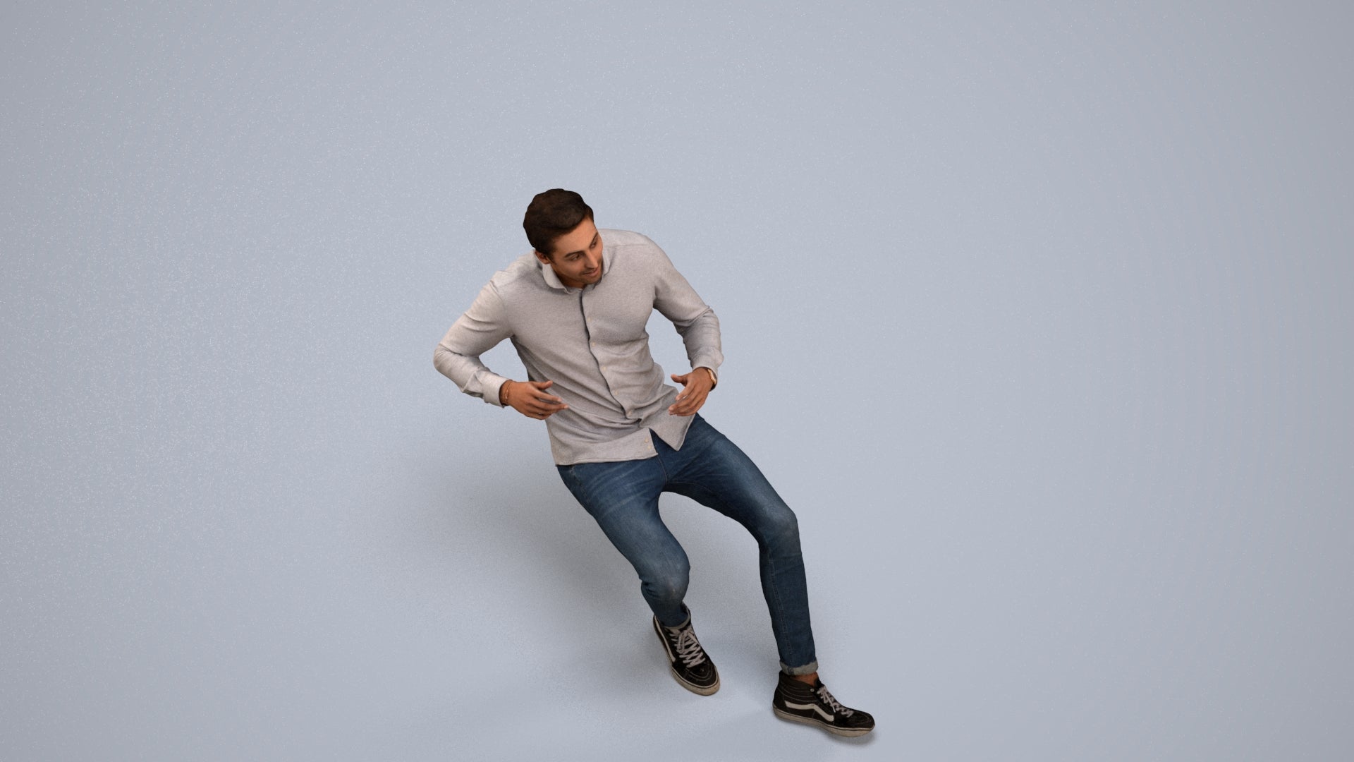 realistic 3D human man casual sitting, archviz people FBX OBJ for Blender, back view render