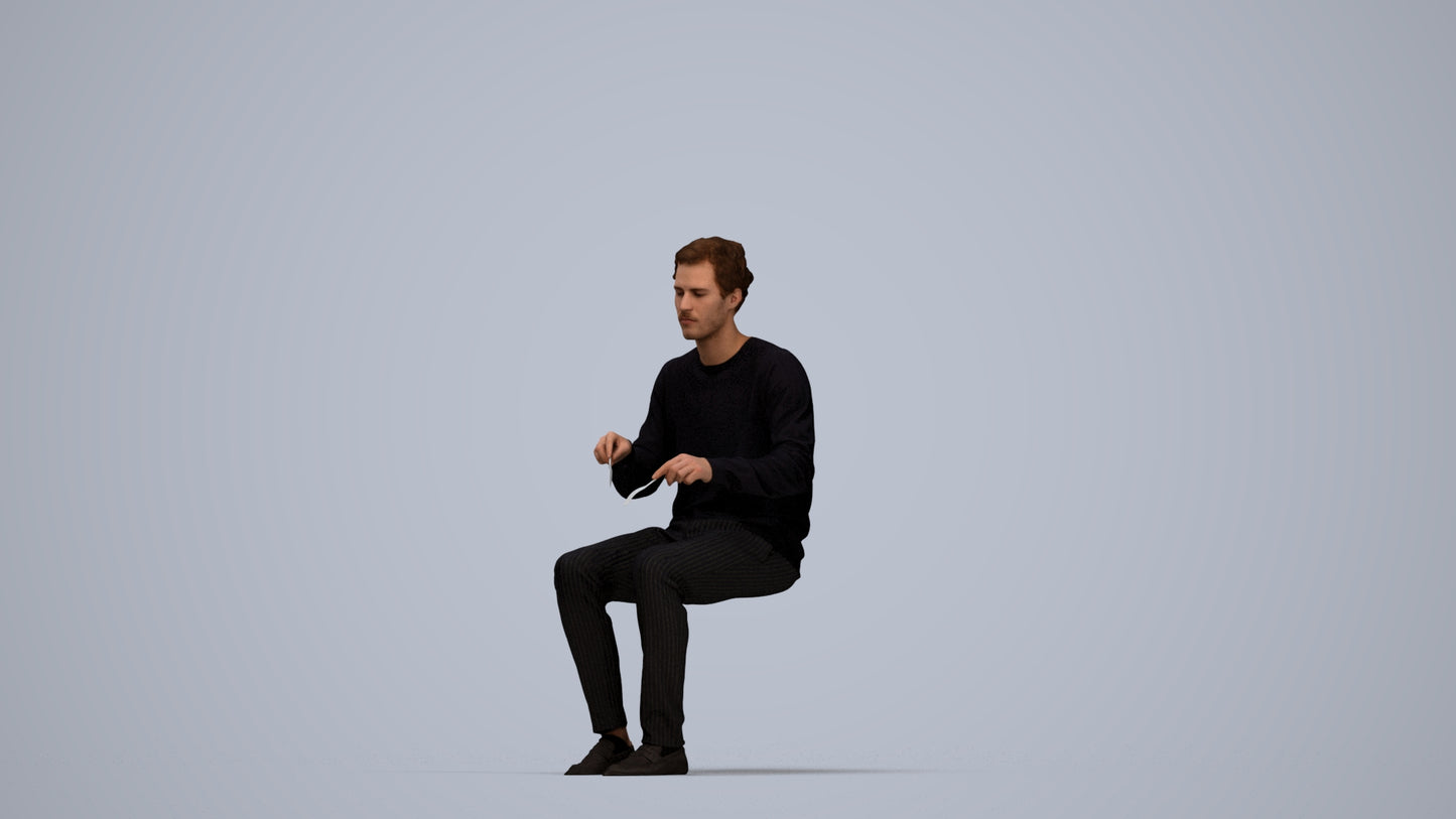 scanned 3D man casual sitting, photogrammetry people for Enscape and V-Ray, top-down view render