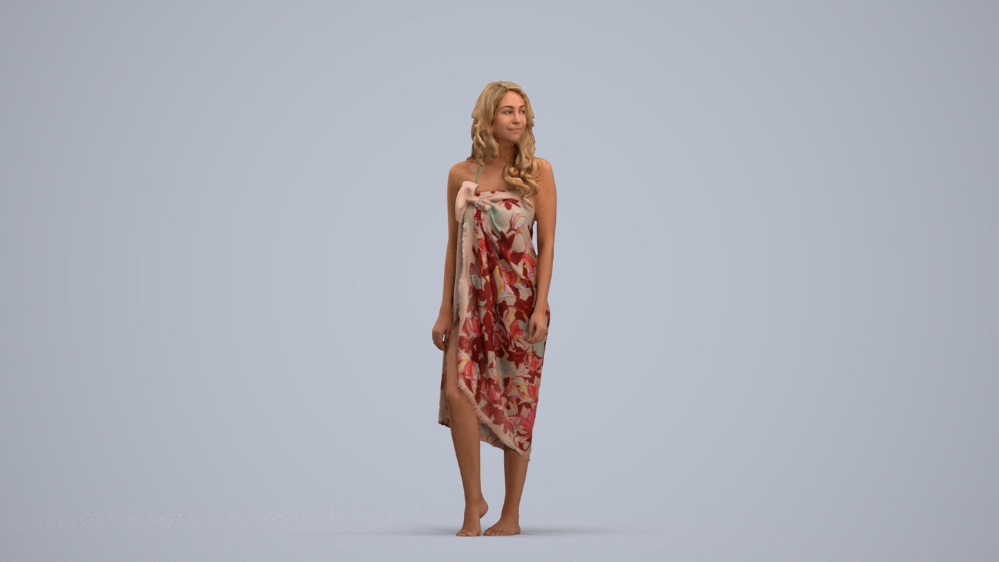 3D human model woman pool, photogrammetry scanned person for archviz, standing pose render
