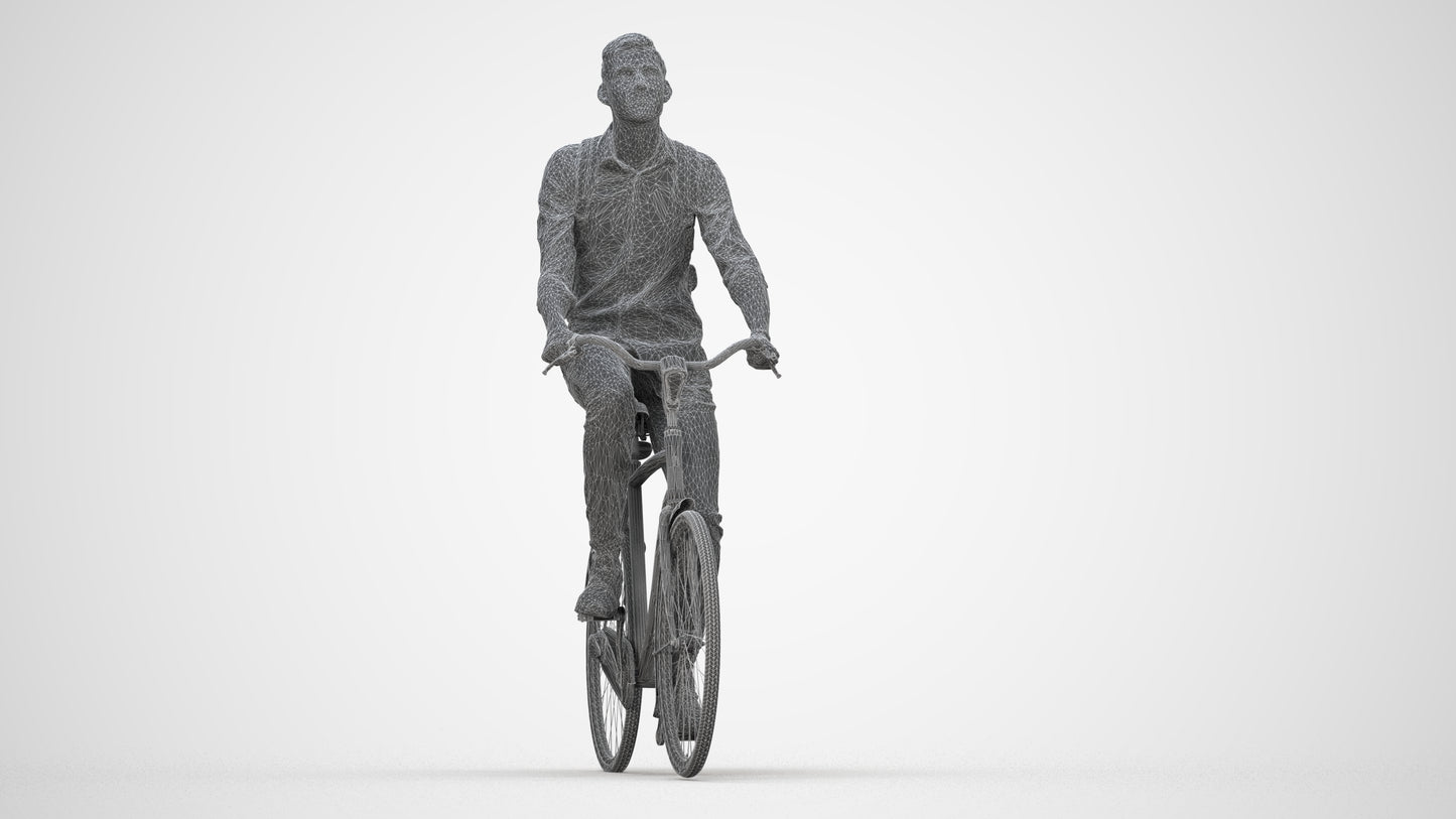 photogrammetry 3D man casual cycling, realistic human model archviz FBX, wireframe back view