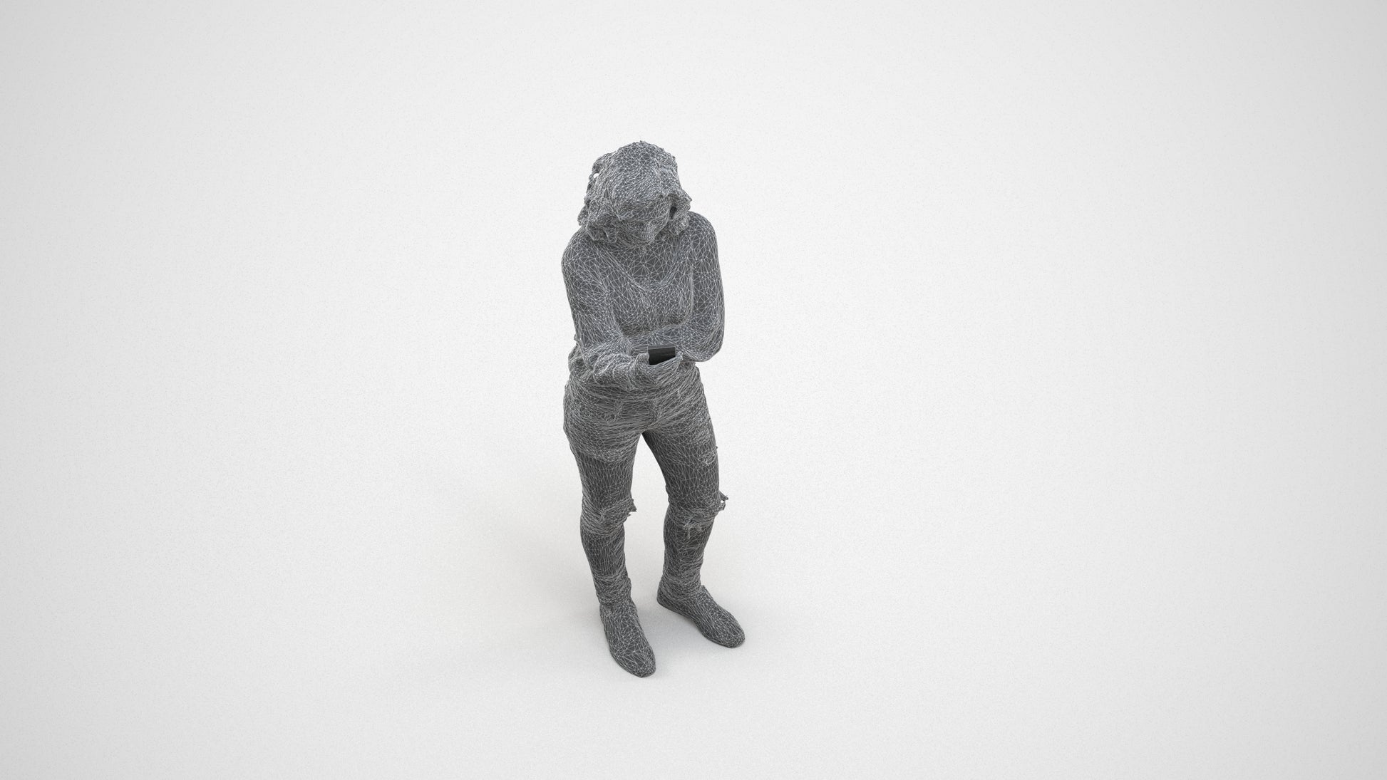 3D human model woman casual standing, photogrammetry scanned person for archviz, wireframe three-quarter view