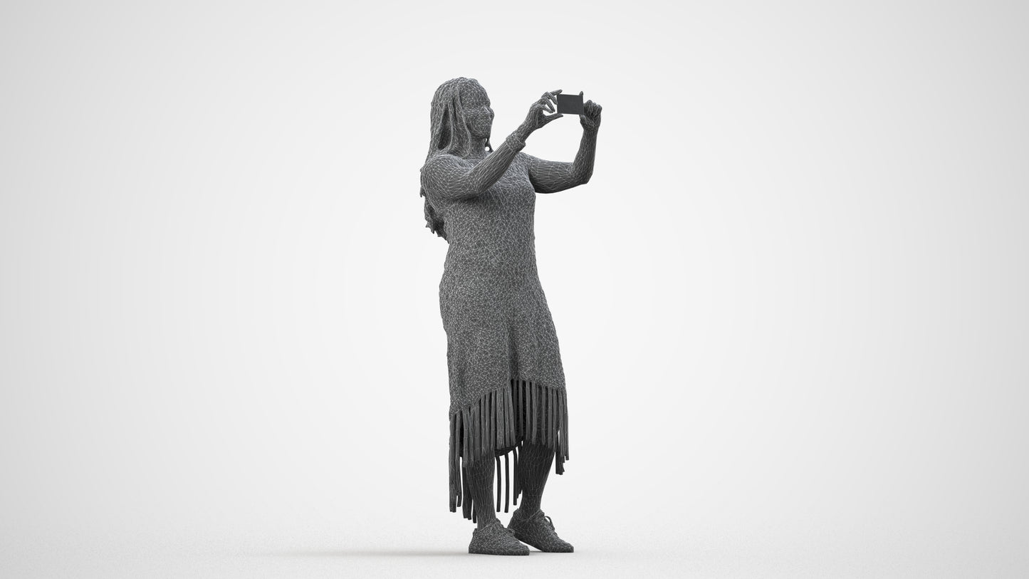 realistic 3D woman casual standing, scanned archviz people for Blender and 3ds Max, wireframe side view
