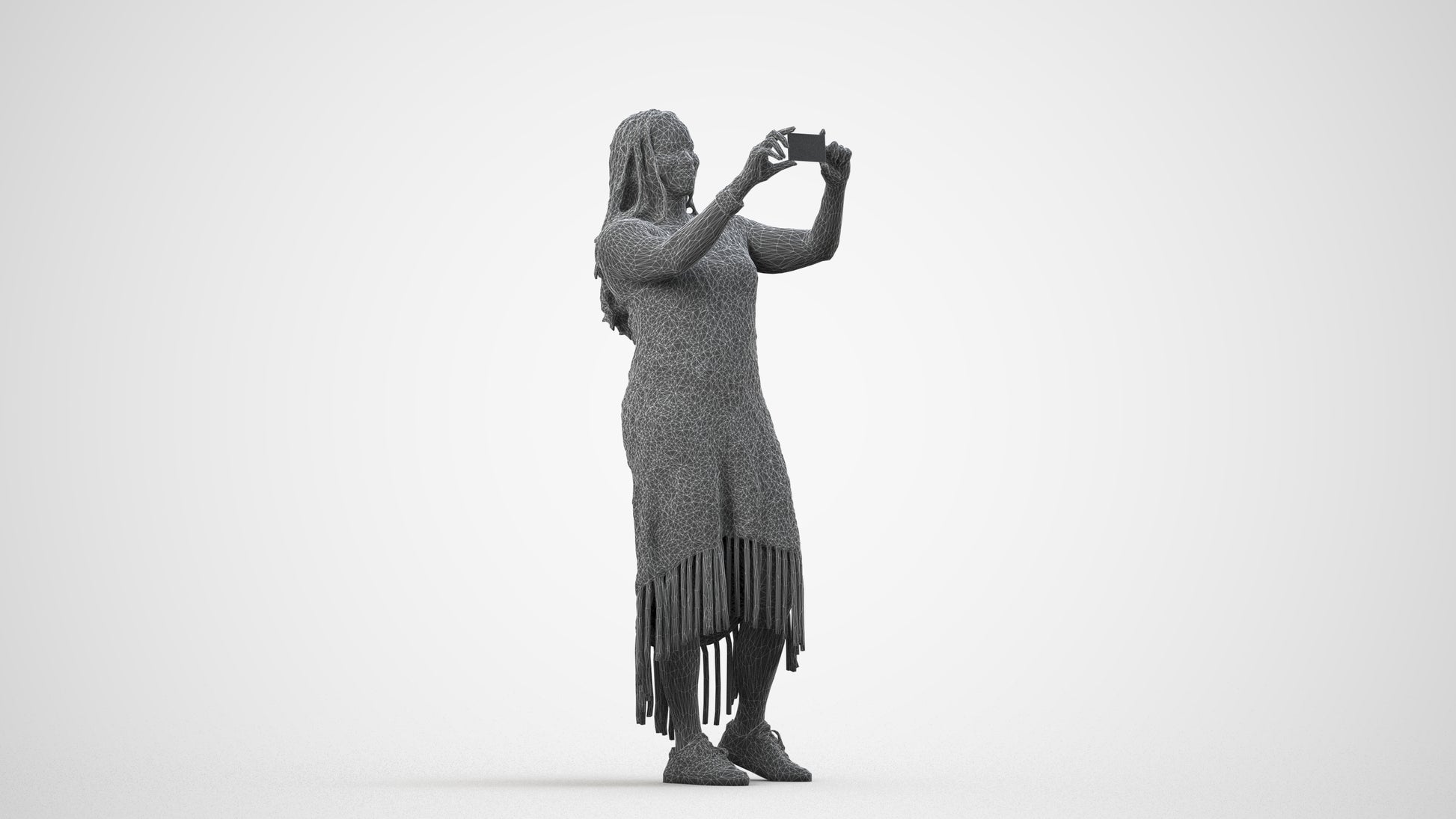 realistic 3D woman casual standing, scanned archviz people for Blender and 3ds Max, wireframe side view